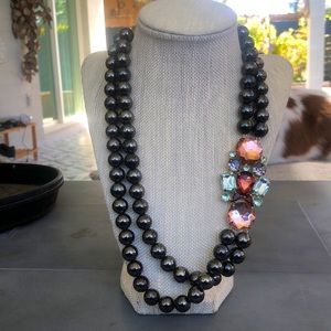 Cute pink and sea green jeweled fashion necklace with gun metal grey round beads